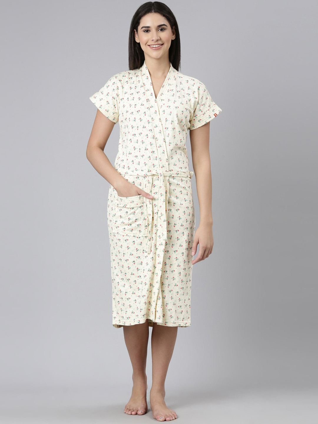 GOLDSTROMS Cream Floral Cotton Drawstring Knee Length Bath Robe