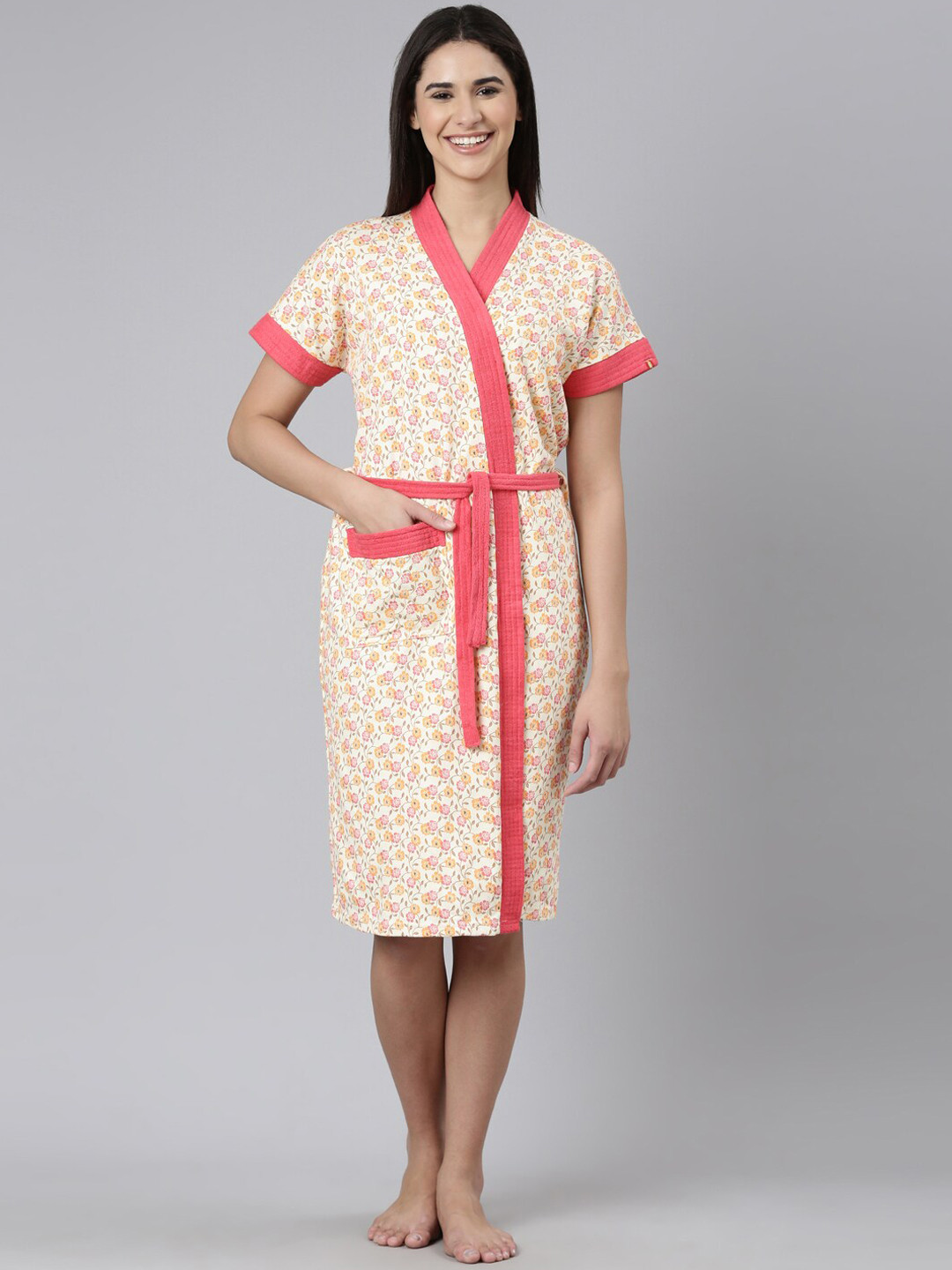 GOLDSTROMS Cream Floral Cotton Drawstring Knee Length Bath Robe