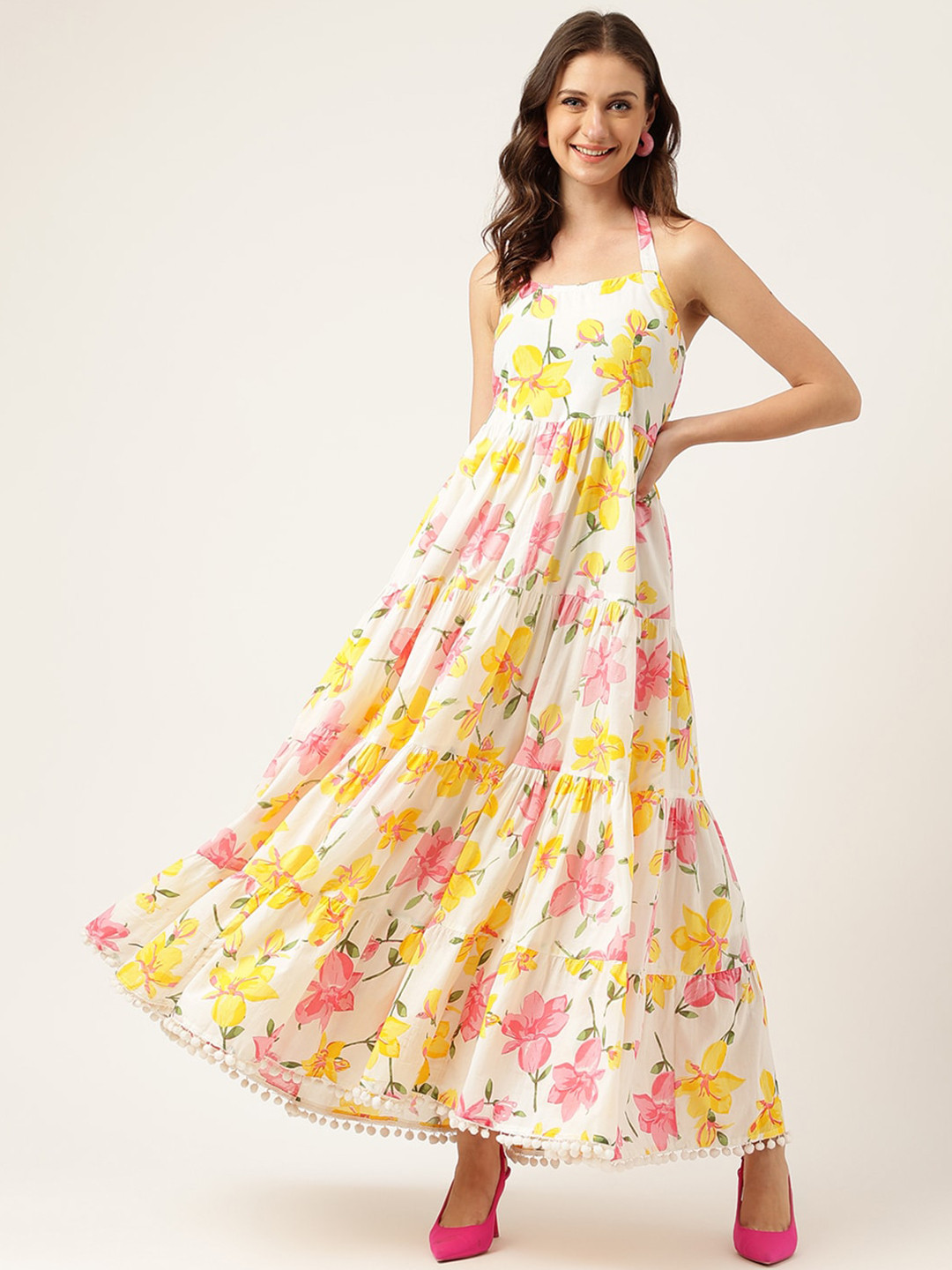 Divena Floral Printed Halter Neck Cotton Casual Maxi Dress