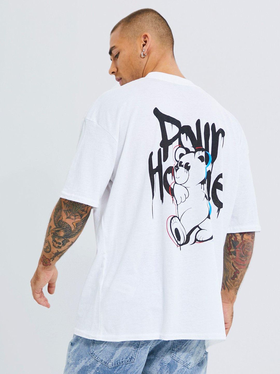 boohooMAN Oversized Pour Homme Drip Teddy Print Drop-Shoulder Sleeves Pure Cotton T-shirt