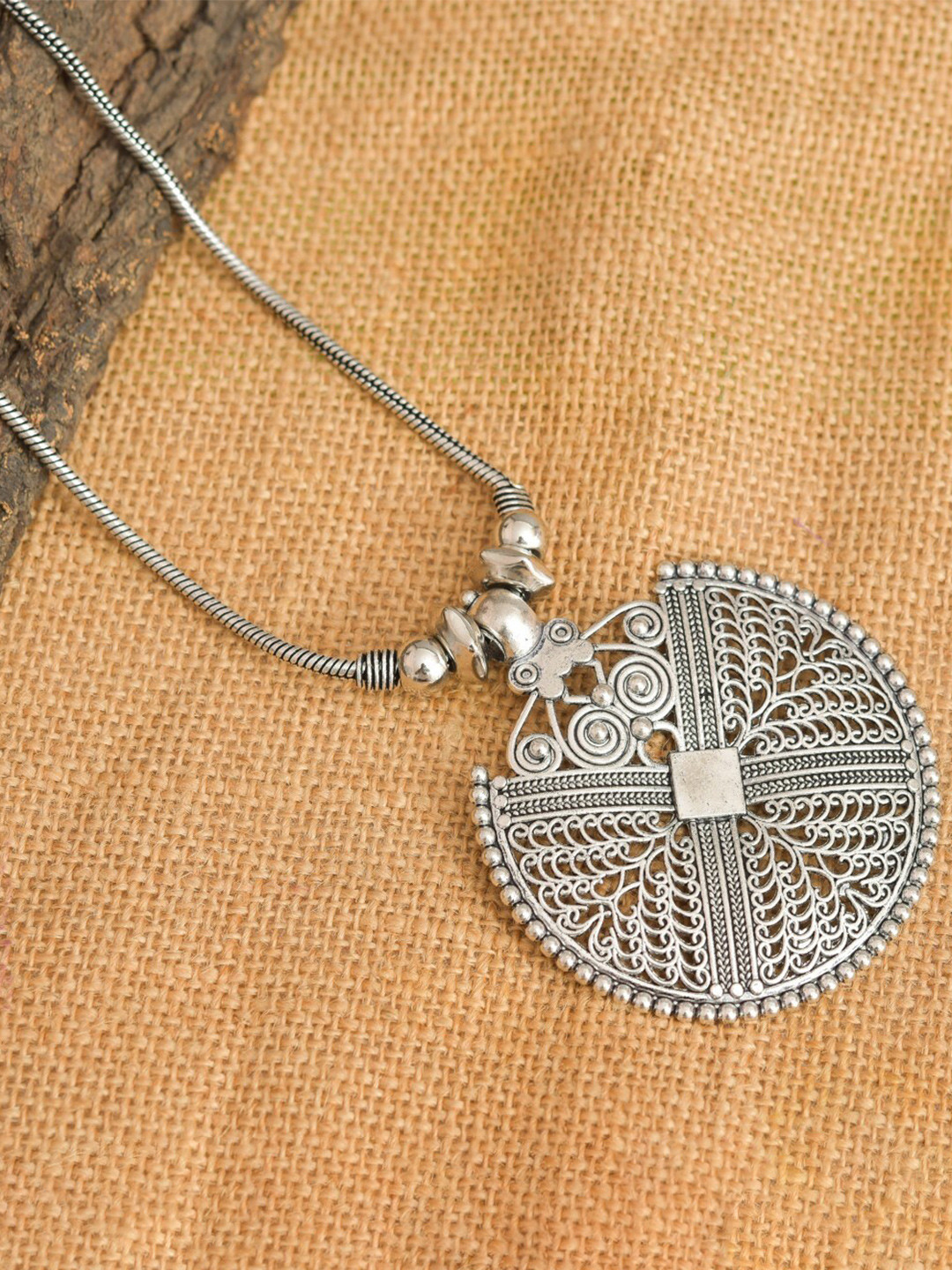 ROHINIKA Brass Oxidised Round Pendent Necklace