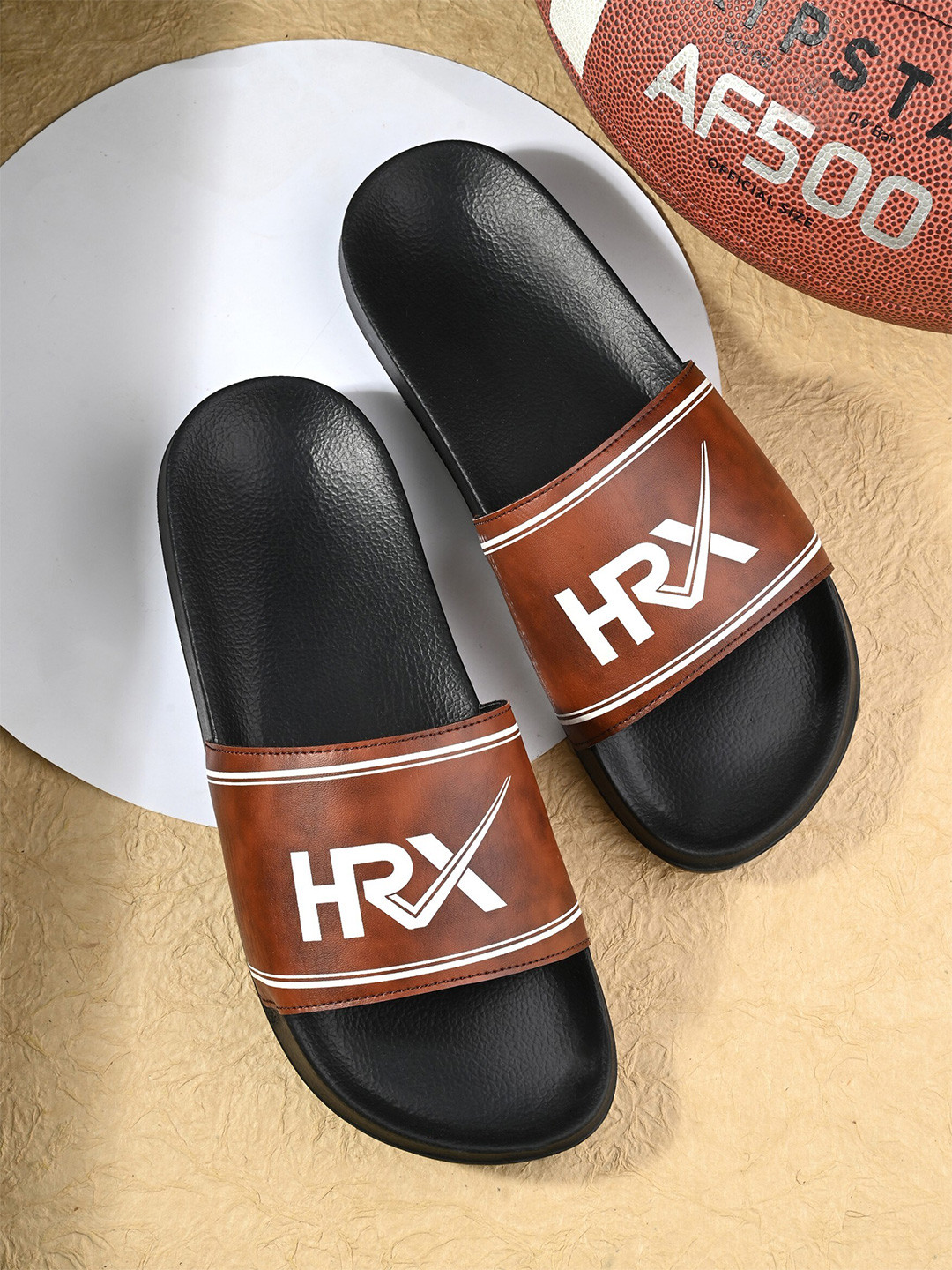 HRX by Hrithik Roshan Men Tan & Black Brand Logo Printed Sliders