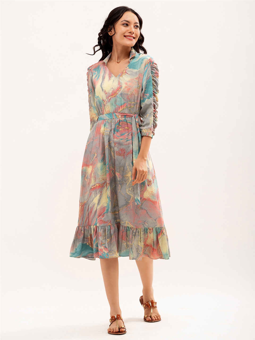 AASK Abstract Printed Tiered Gathered Details Fit & Flare Dress