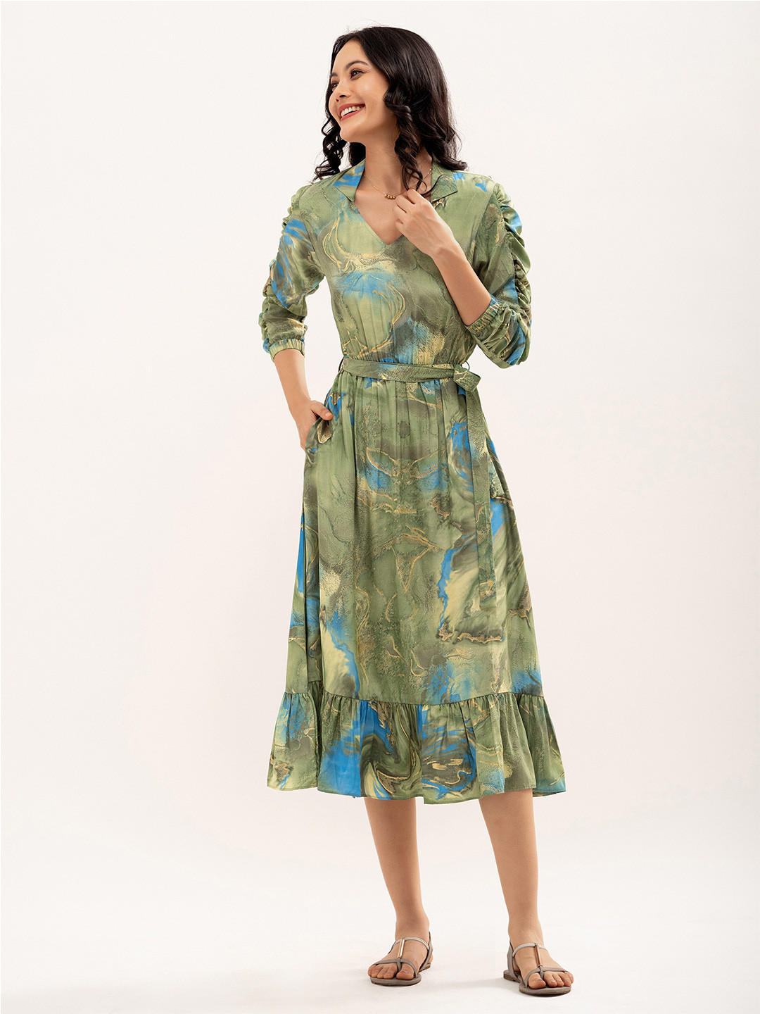 AASK Abstract Print Shirt Collar Belt Detailed Fit & Flare Midi Dress