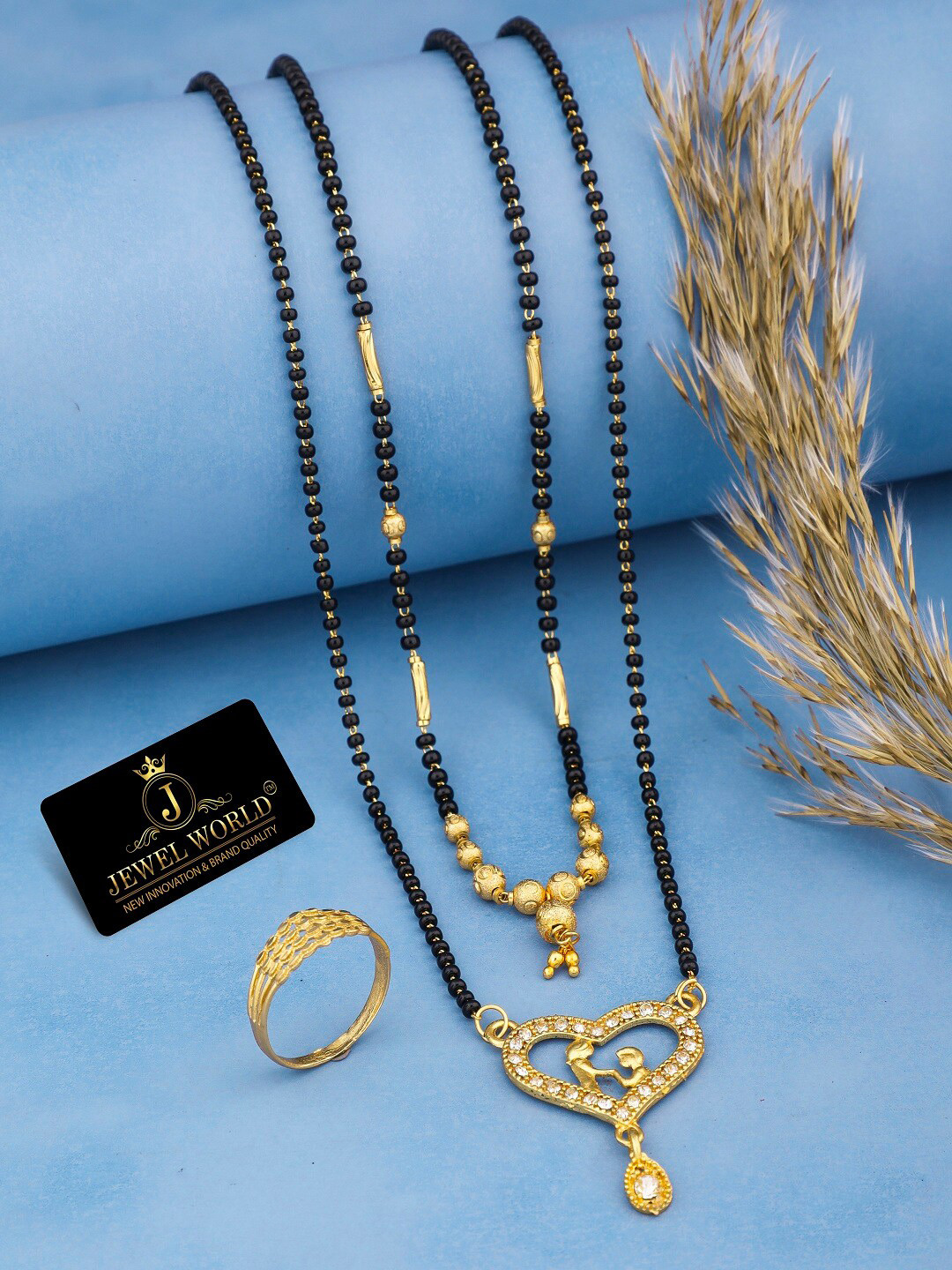 JEWEL WORLD Set Of 3 Gold-Plated Mangalsutra & Chain With Ring