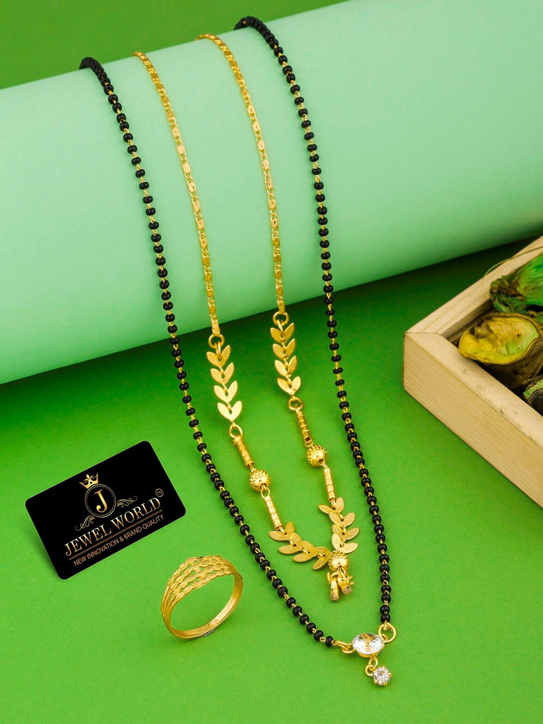 JEWEL WORLD Gold-Plated Stone Studded & Beaded Mangalsutra & Chain With Ring