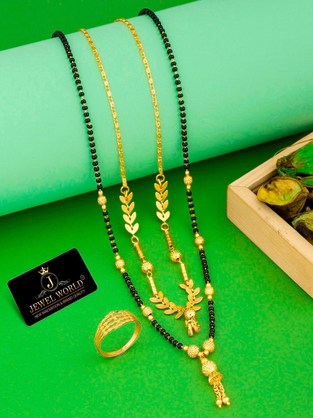 JEWEL WORLD Set Of 3 Gold-Plated Stone Studded & Beaded Mangalsutra & Chain With Ring