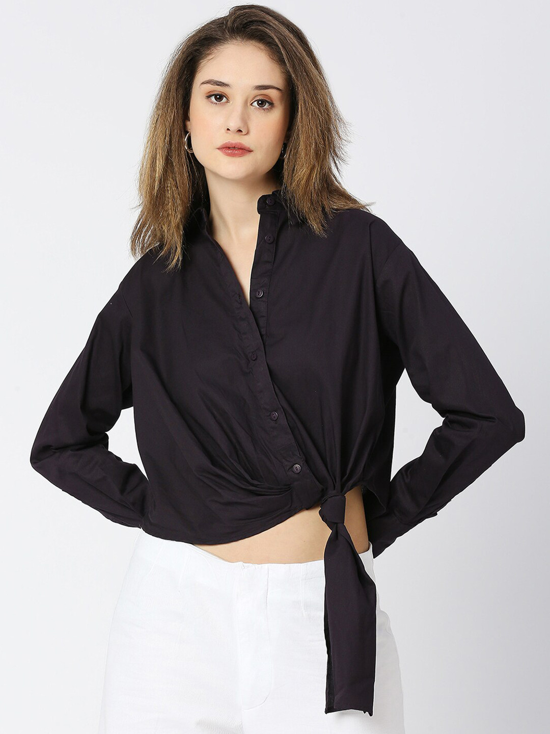 Remanika Comfort Side Tie Knot Cotton Casual Crop Shirt