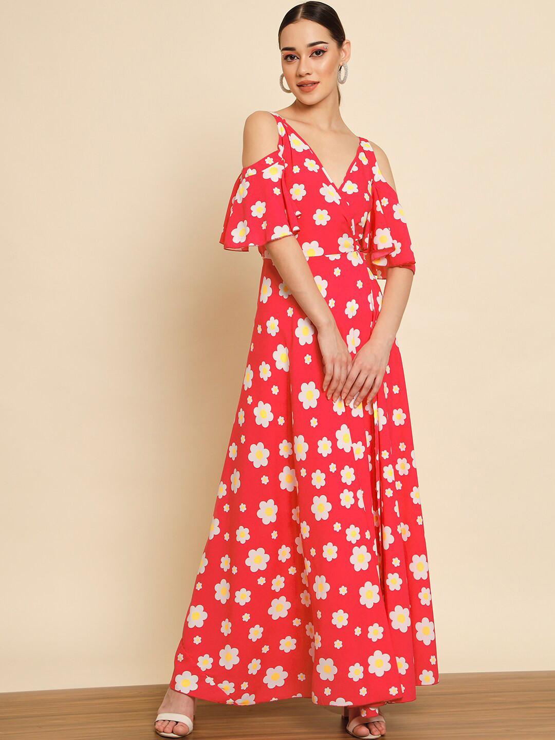 BAESD Floral Printed Cold-Shoulder Casual Wrap Dress