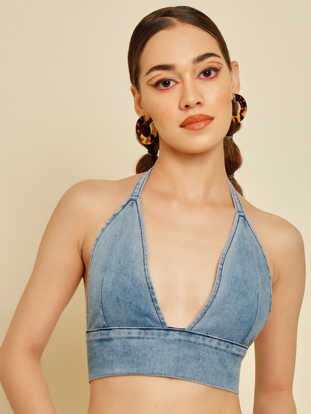 BAESD Halter Neck Denim Bralette Crop Top