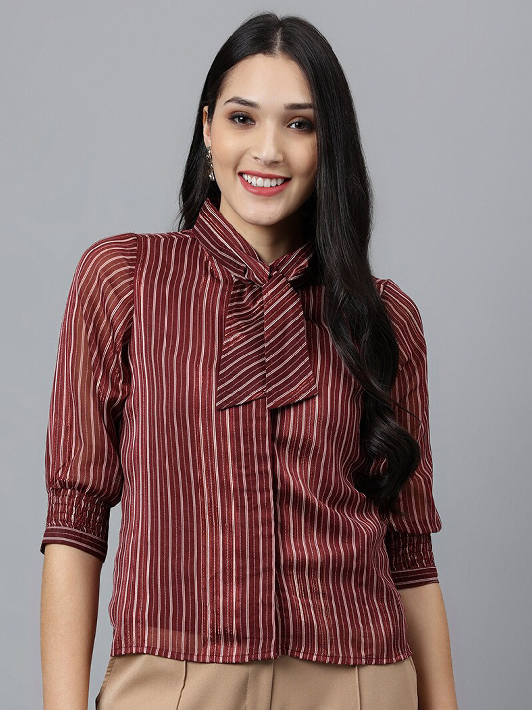 Latin Quarters Striped Tie-Up Neck Shirt Style Top