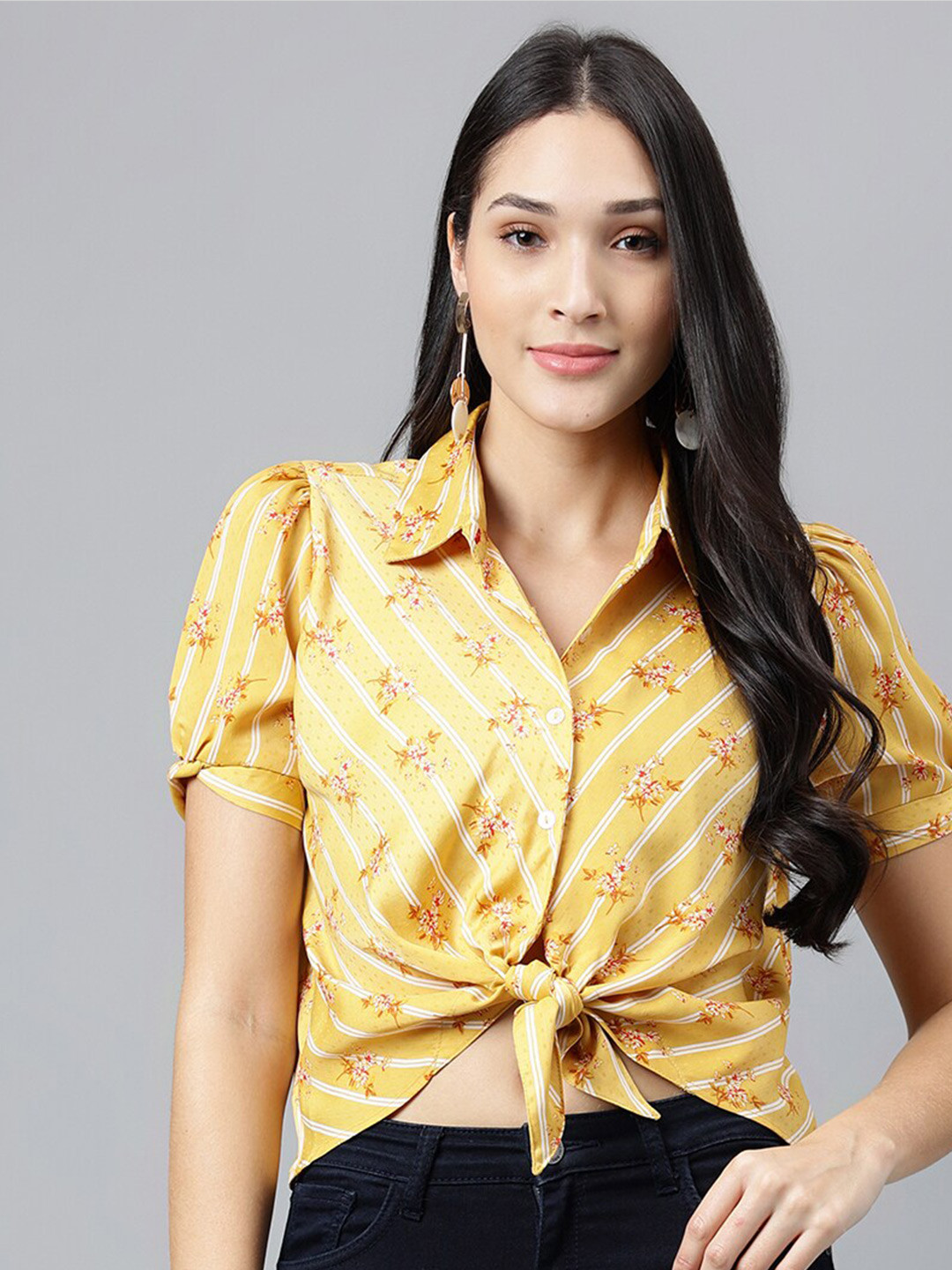 Latin Quarters Floral Print Shirt Collar Front Knot Top