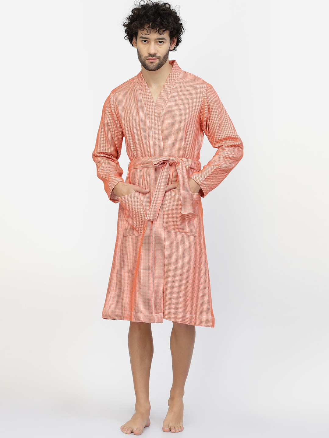 KLOTTHE Orange Checkered Cotton Drawstring Knee Length Bath Robe-S