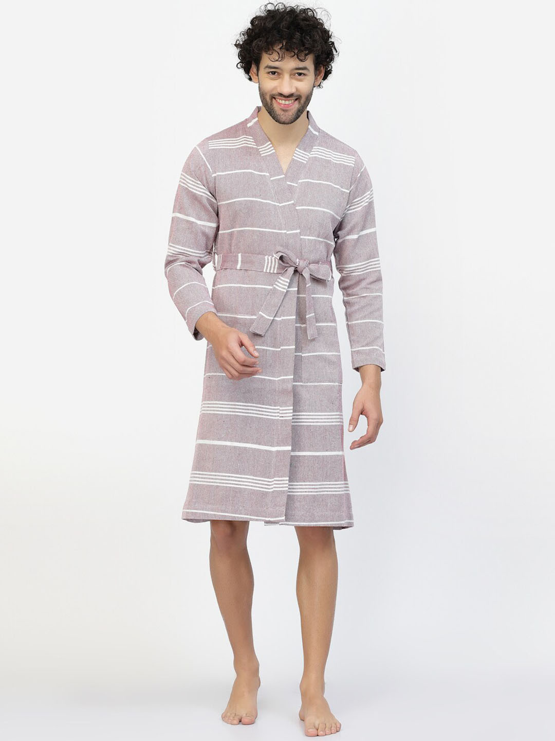 KLOTTHE Purple Striped Cotton Drawstring Knee Length Bath Robe-S