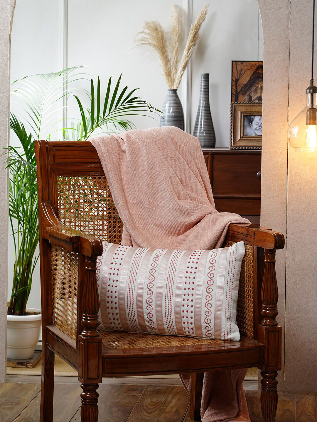 MASPAR Tranquil Essence Pink & White Embroidered Cotton Rectangle Cushion Cover
