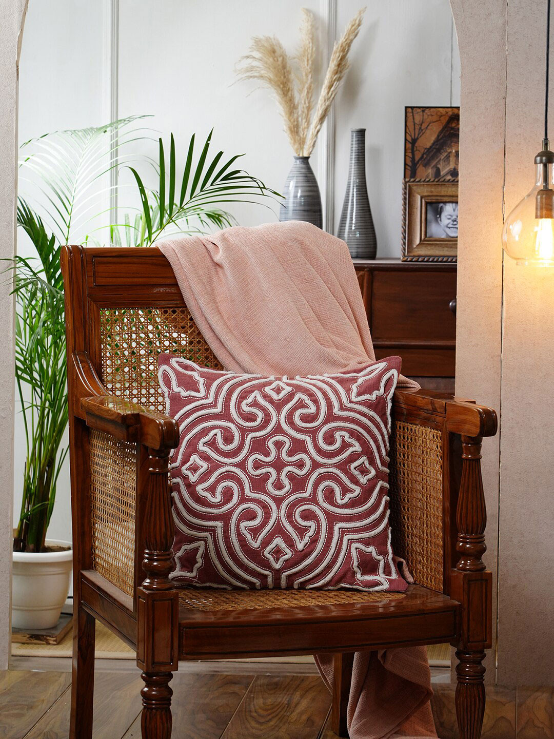 MASPAR Tranquil Essence Peach-colored Embroidered Cotton Square Cushion Cover