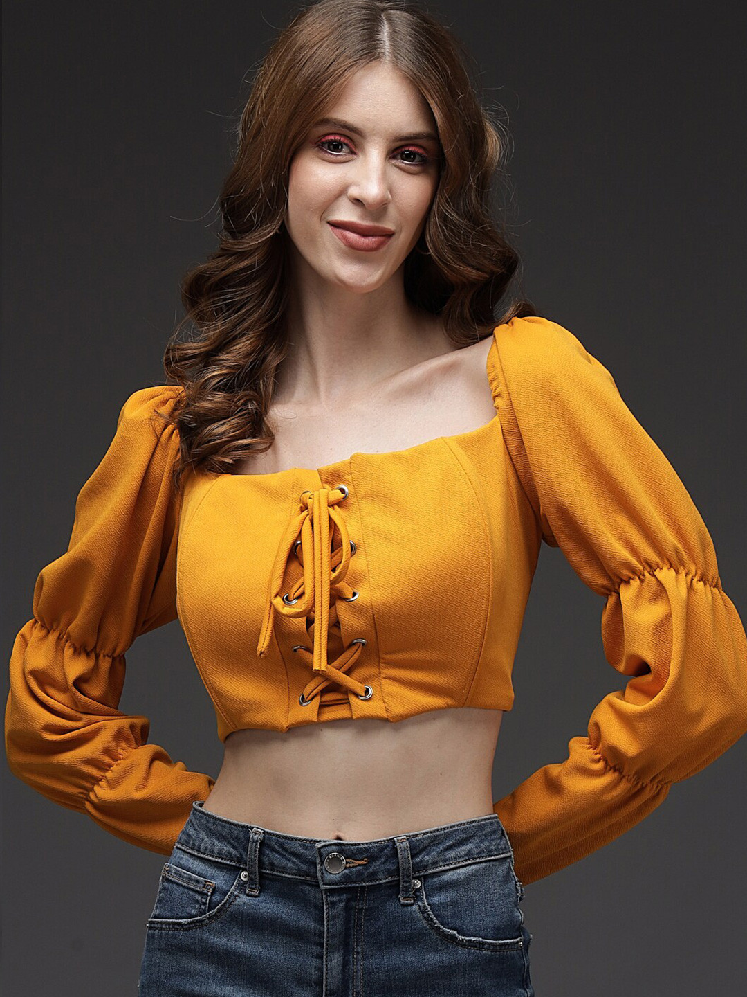 BAESD Squared Neck Puff Sleeves Tie-Up Crop Top