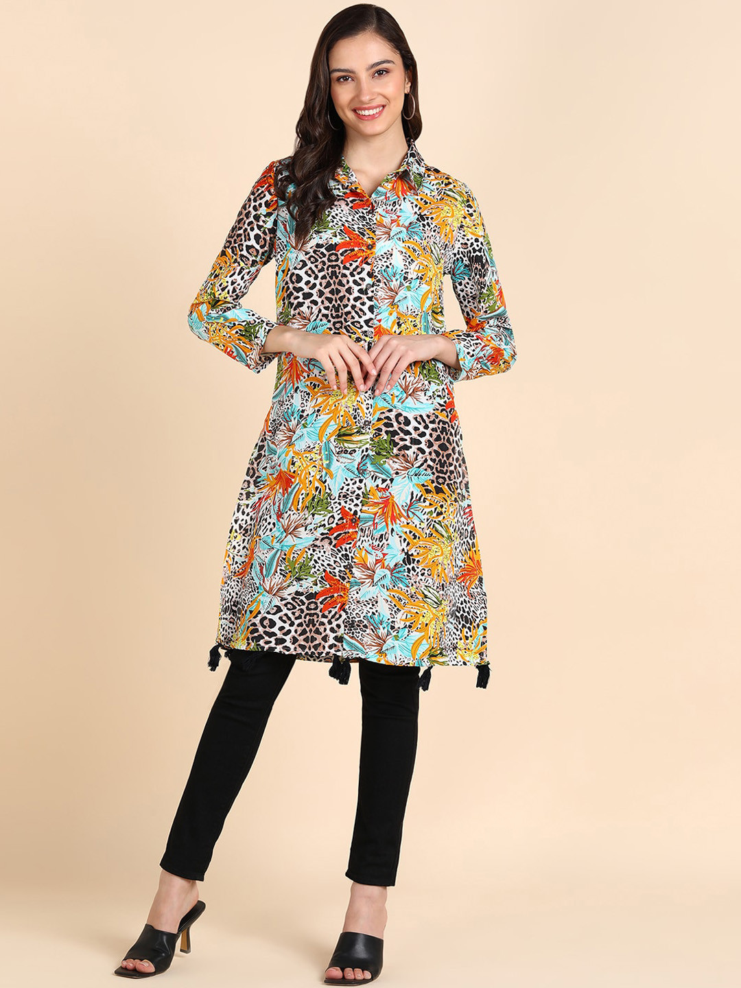 DODO & MOA Turquoise Blue & Black Animal Printed Shirt Collar Kurta