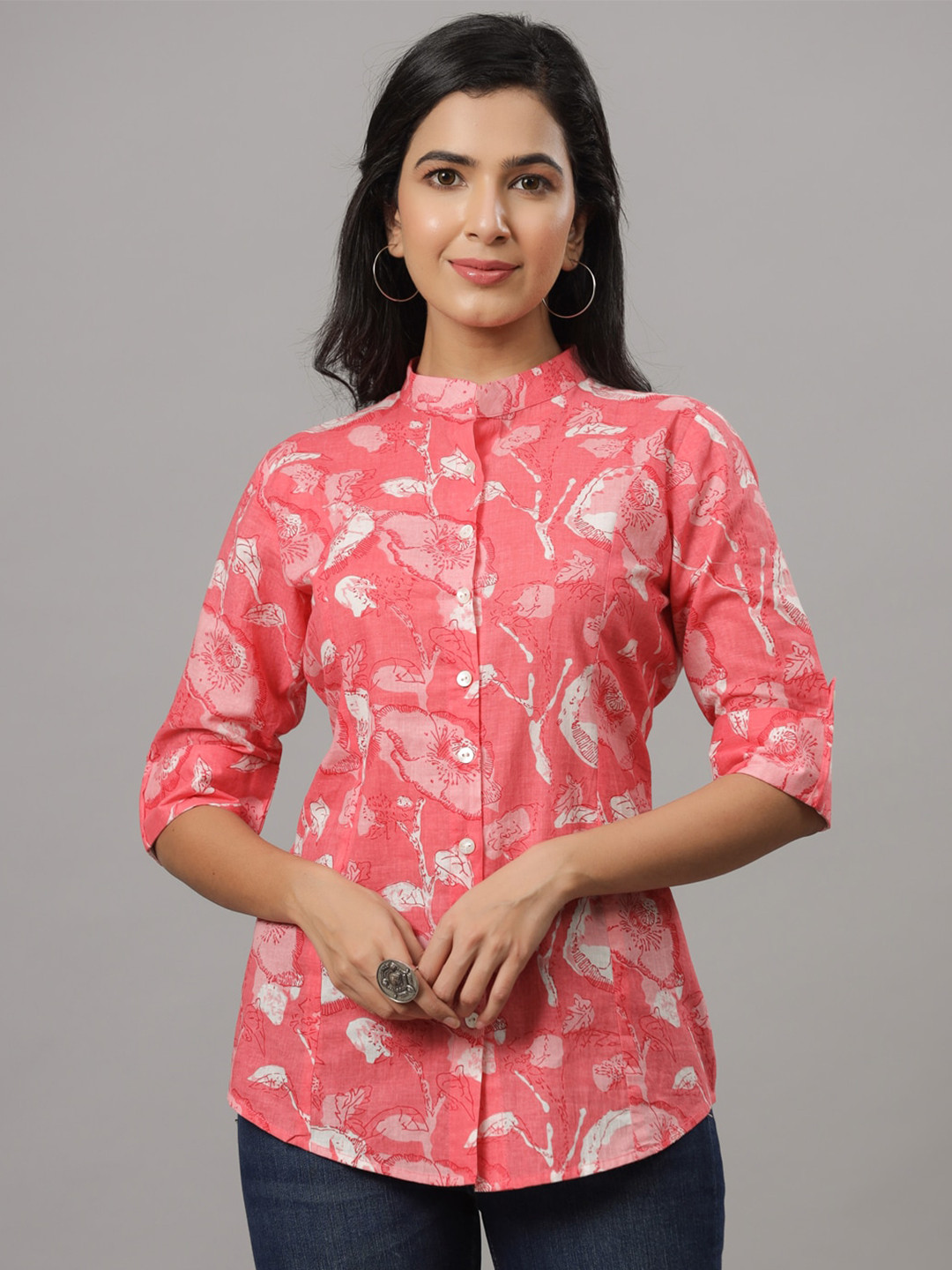 Indian Virasat Mandarin Collar Comfort Floral Opaque Printed Casual Shirt