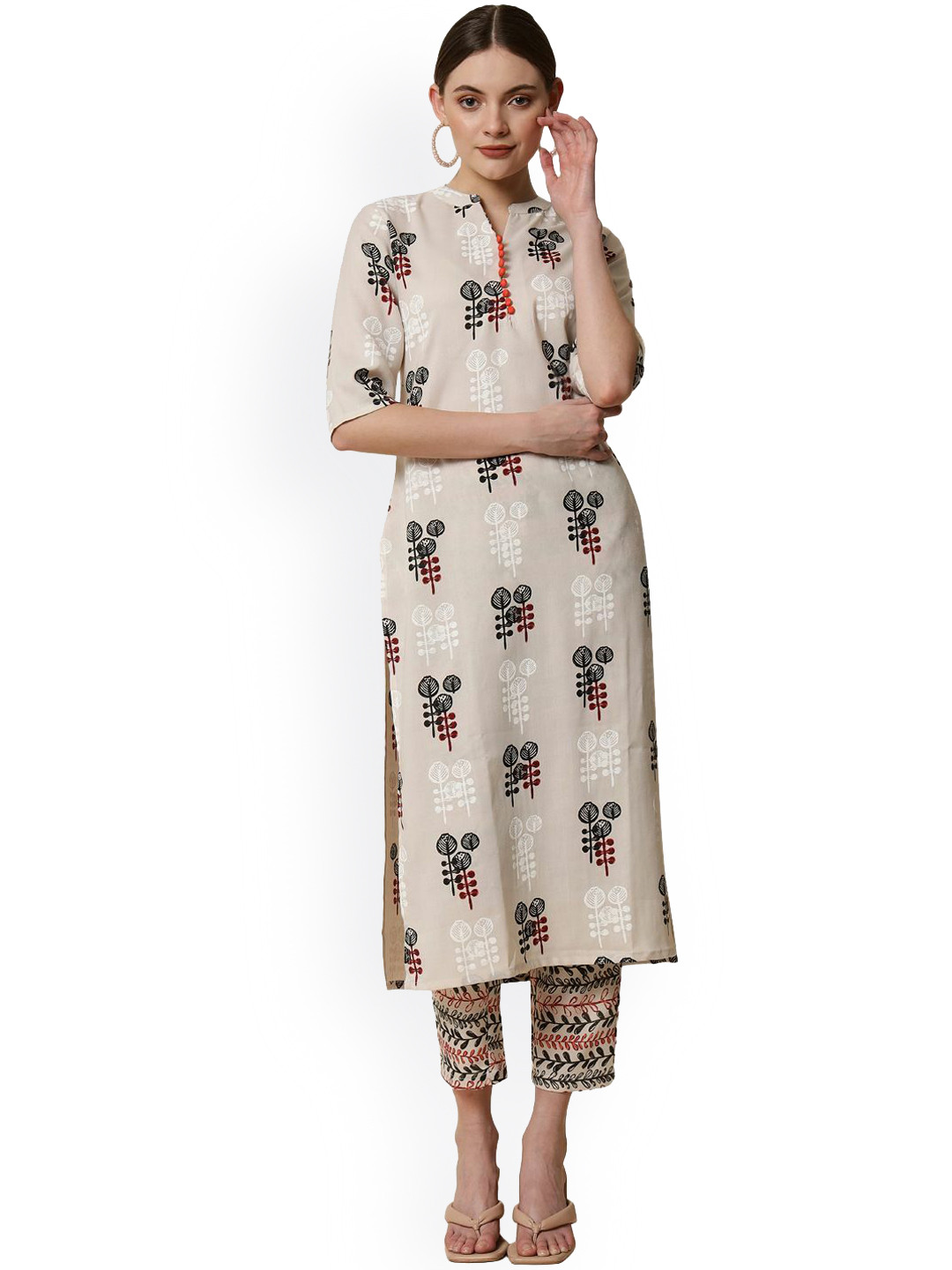 THE FAB FACTORY Floral Printed Pure Cotton Kurta with Trousers