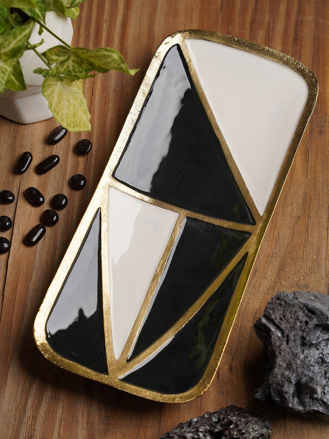 Folkstorys Black and Cream Printed Ceramic Food Platter