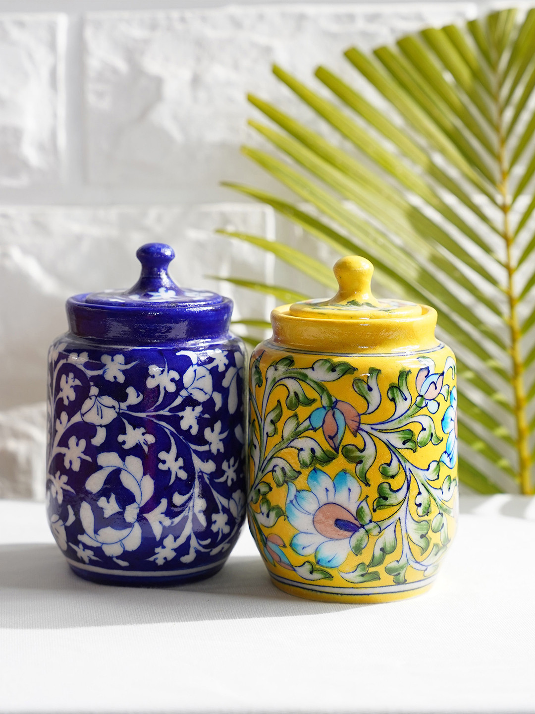 Folkstorys Yellow & Blue 2 Pieces Floral Printed Ceramic Storage Jars