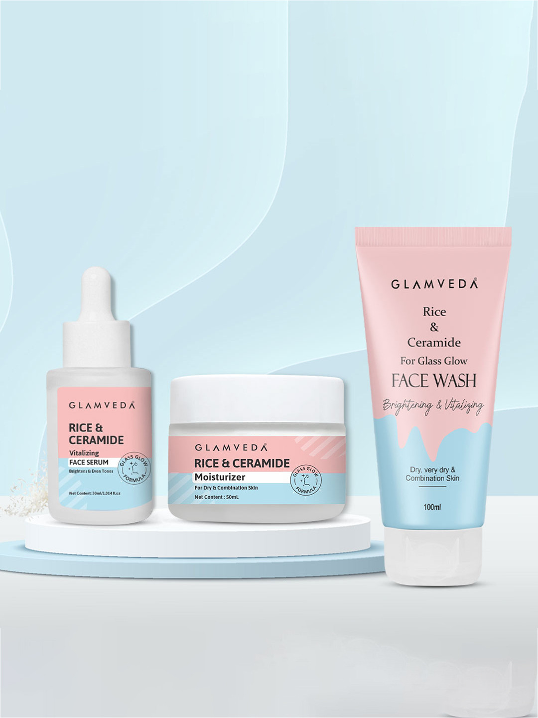GLAMVEDA Glass Skin Rice & Ceramide 3 Step Daily Skincare Gift Set