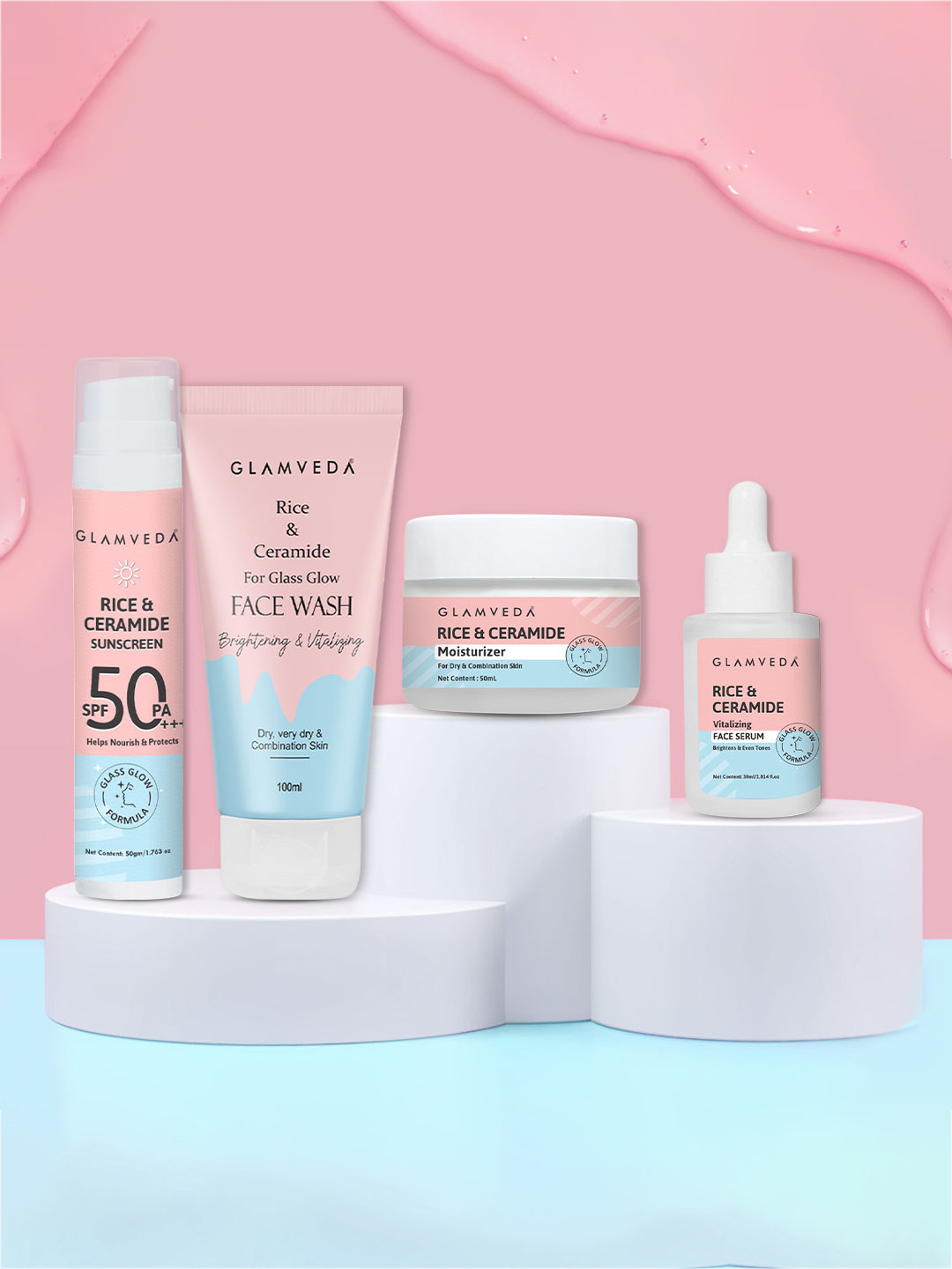 GLAMVEDA Korean Glass Skin Rice & Ceramide 4 Step Daily Skincare Gift Set