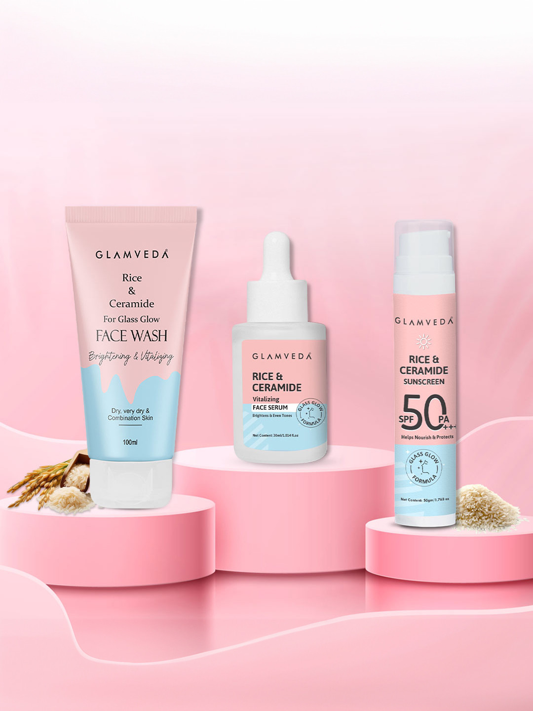 GLAMVEDA Korean Glass Skin Rice & Ceramide 3 Step Skincare Gift Set