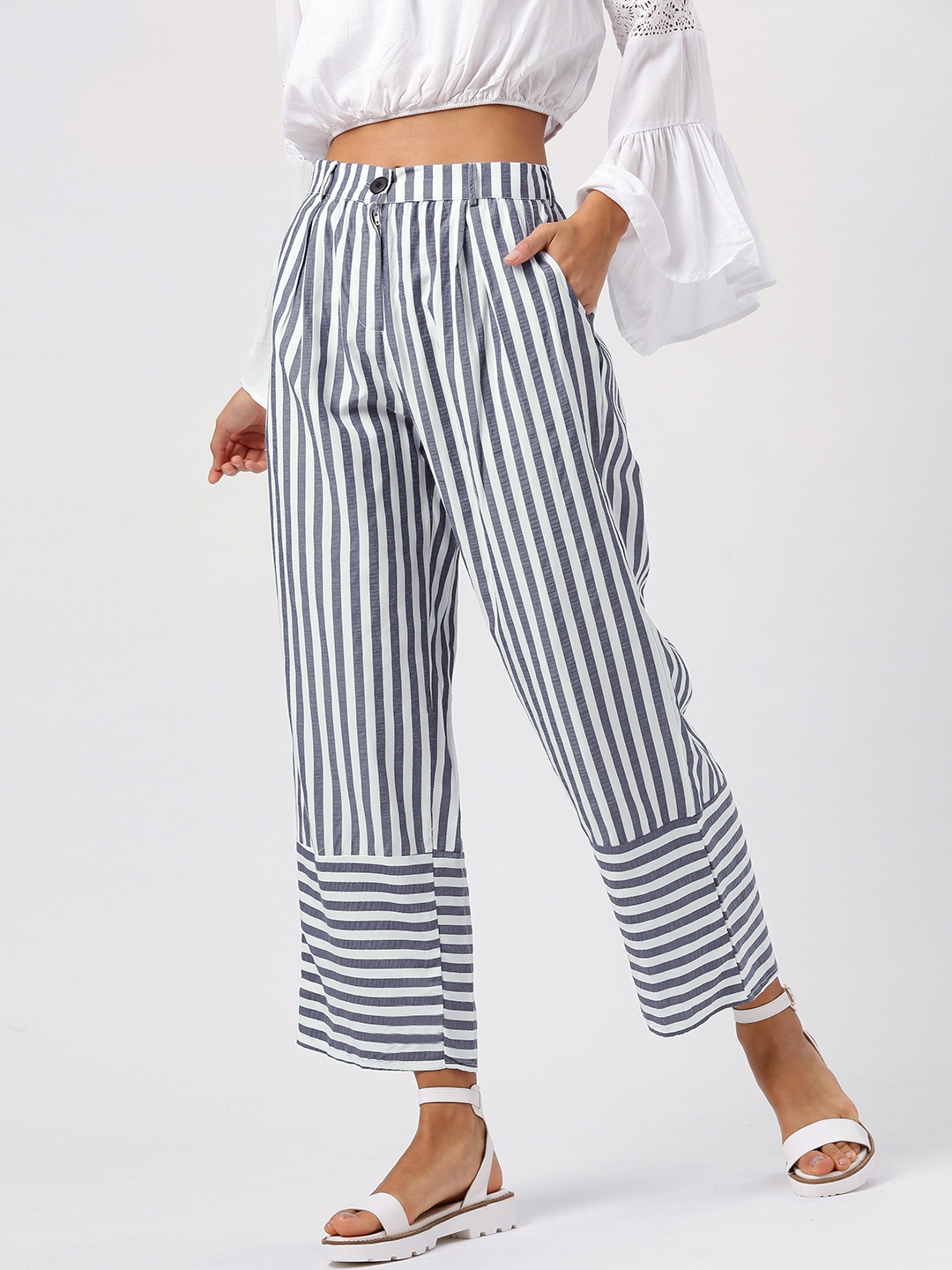 navy blue and white striped trousers