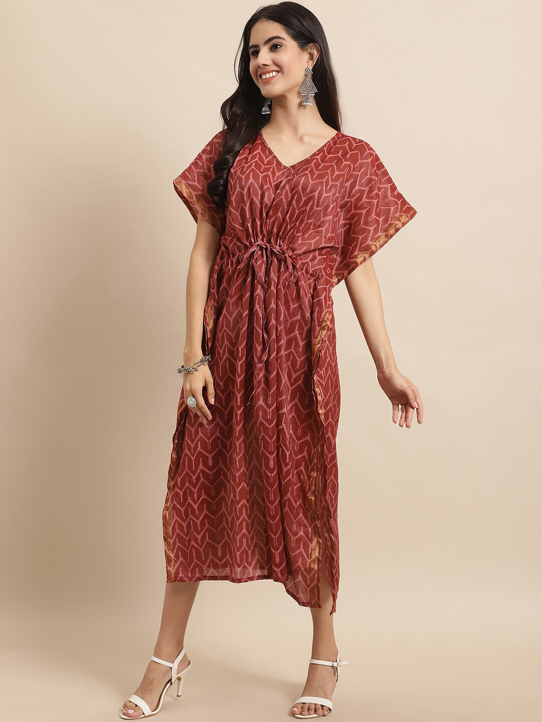 KALINI Geometric Printed Gathers Detailed Silk Kaftan Dress