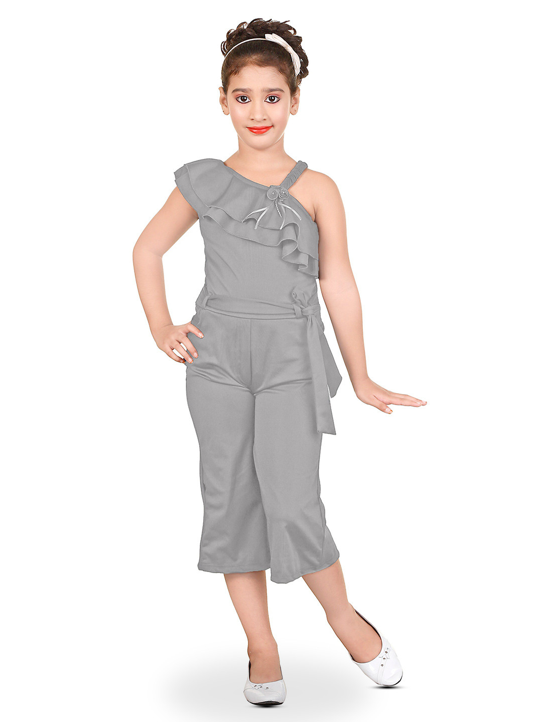 BURBN Girls One Shoulder Waist Tie-Ups Ruffles Basic Jumpsuit
