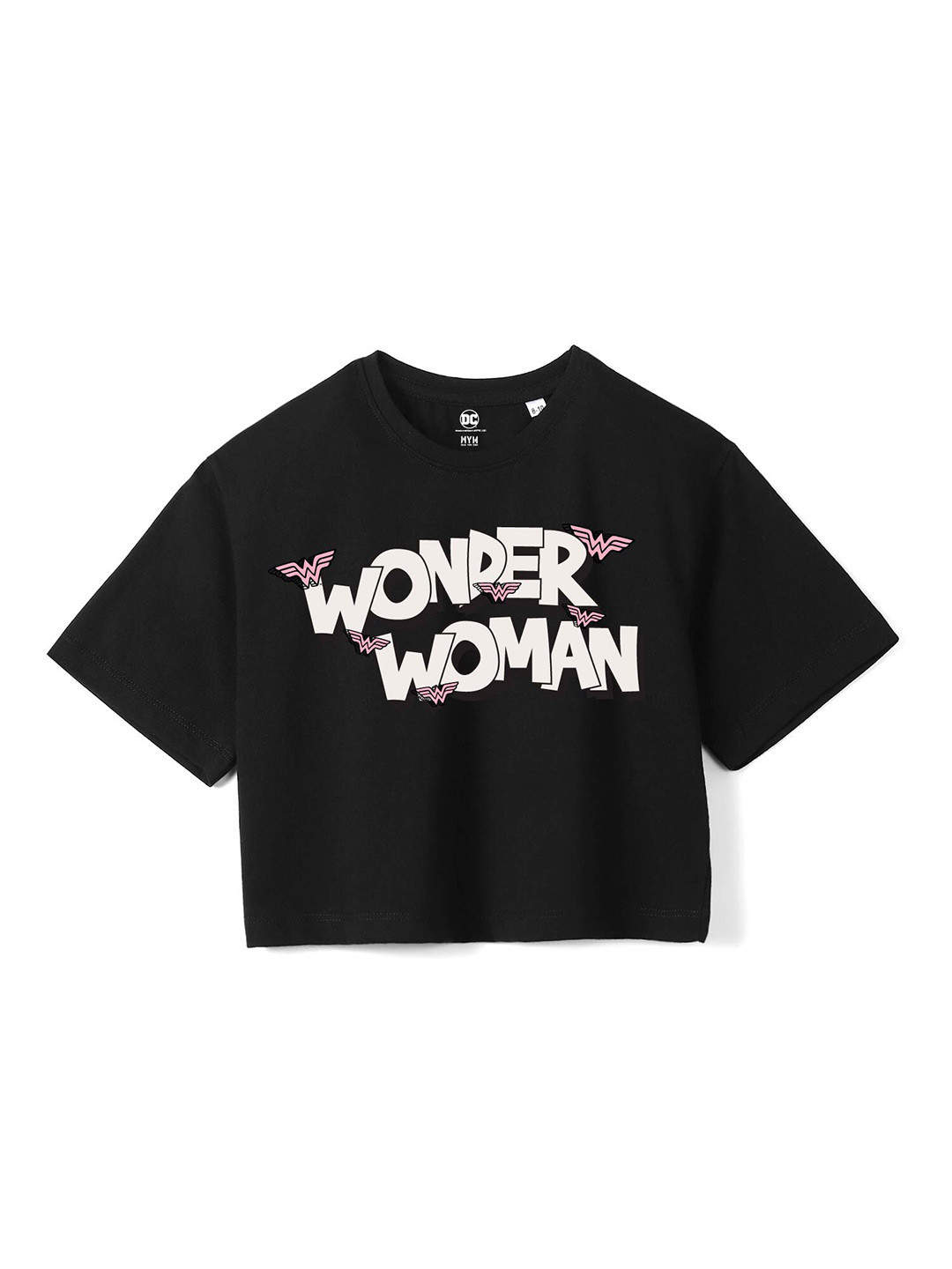 Wear Your Mind Girls Black Typography Printed V-Neck Pure Cotton Applique Boxy T-shirt