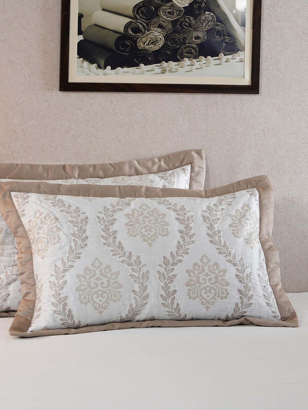 MASPAR Tranquil Essence Lawn Leaflet Beige 2 Pcs Printed 145 GSM Cotton Pillow Sham