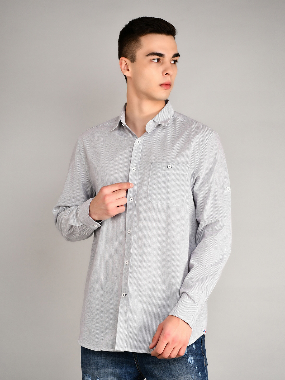 TIM PARIS Spread Collar Long Sleeves Standard Striped Pure Cotton Casual Shirt