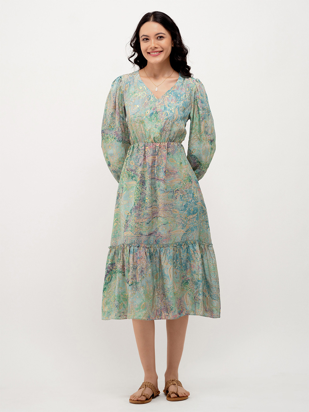AASK Abstract Printed Puff Sleeve Tiered Gather Detailed Fit & Flare Dress