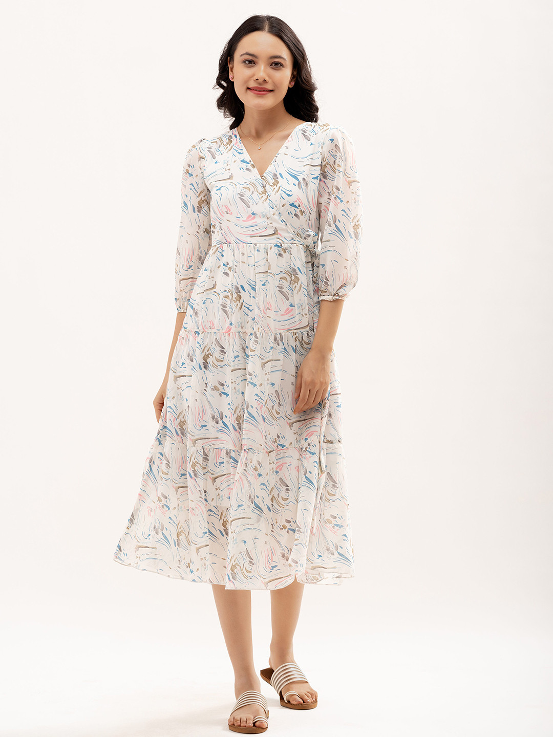 AASK Abstract Printed Puff Sleeves Tiered Warp Dress
