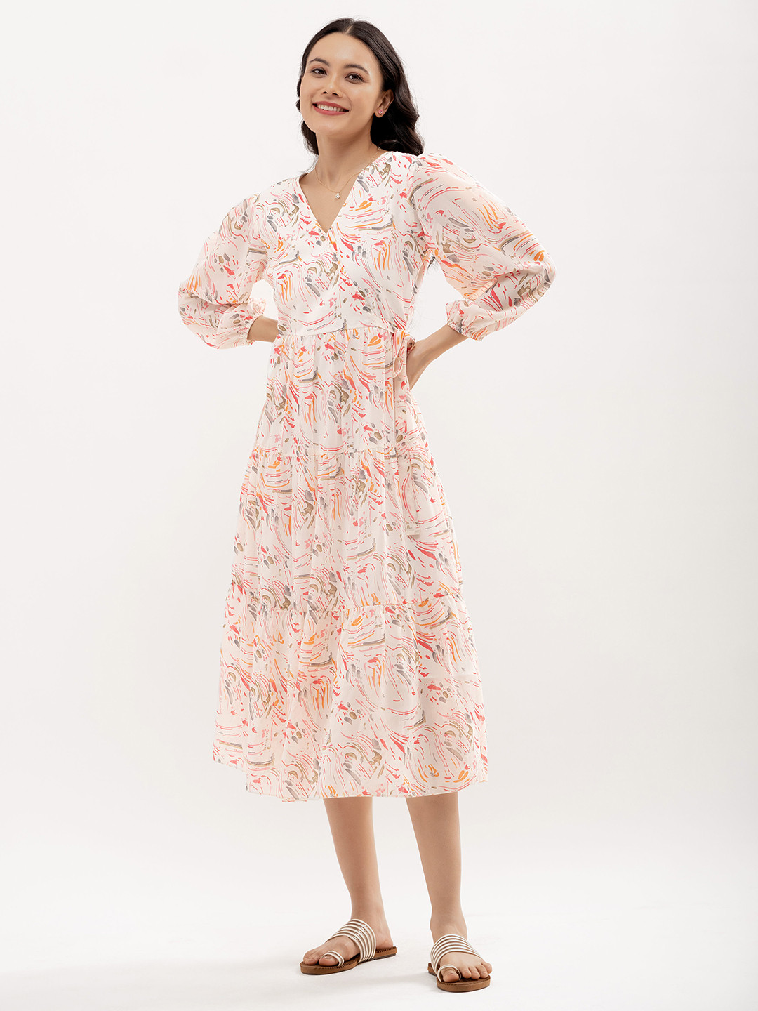 AASK Abstract Print V-Neck Puff Sleeve Fit & Flare Midi Dress