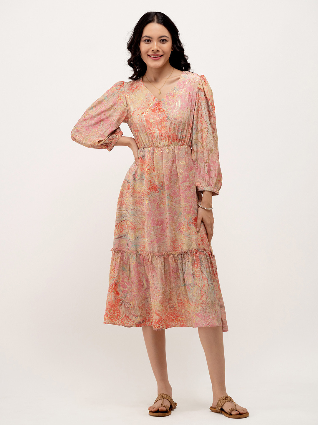 AASK Abstract Printed Puff Sleeve Tiered Gather Detailed Fit & Flare Dress