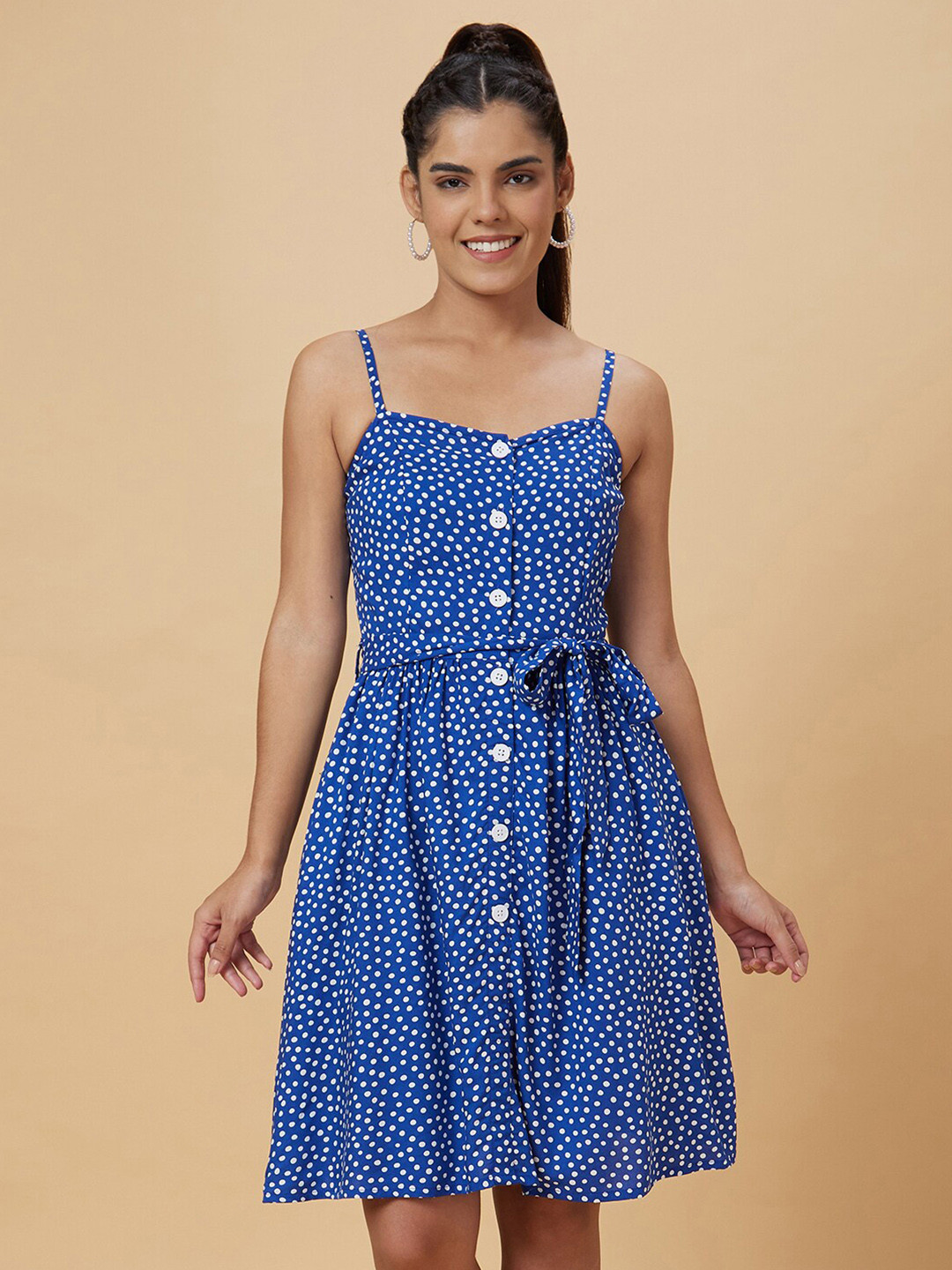 Globus Navy Blue Polka Dots Printed Fit & Flare Dress
