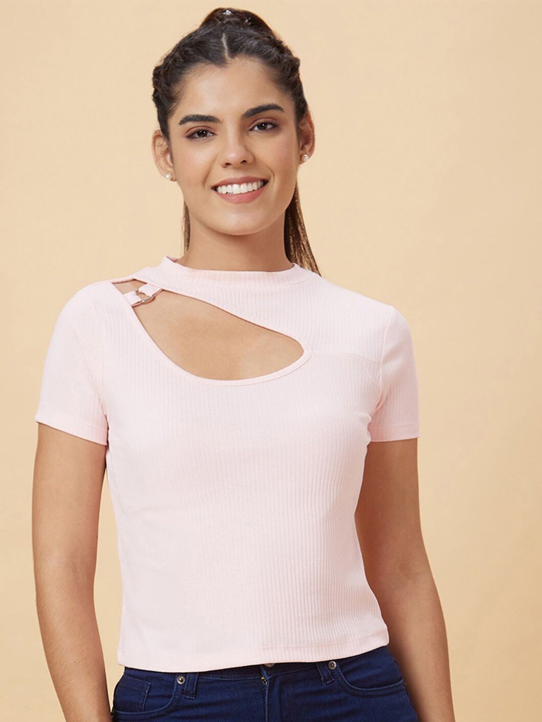 Globus Pink Ribbed Cut Out Fitted Top