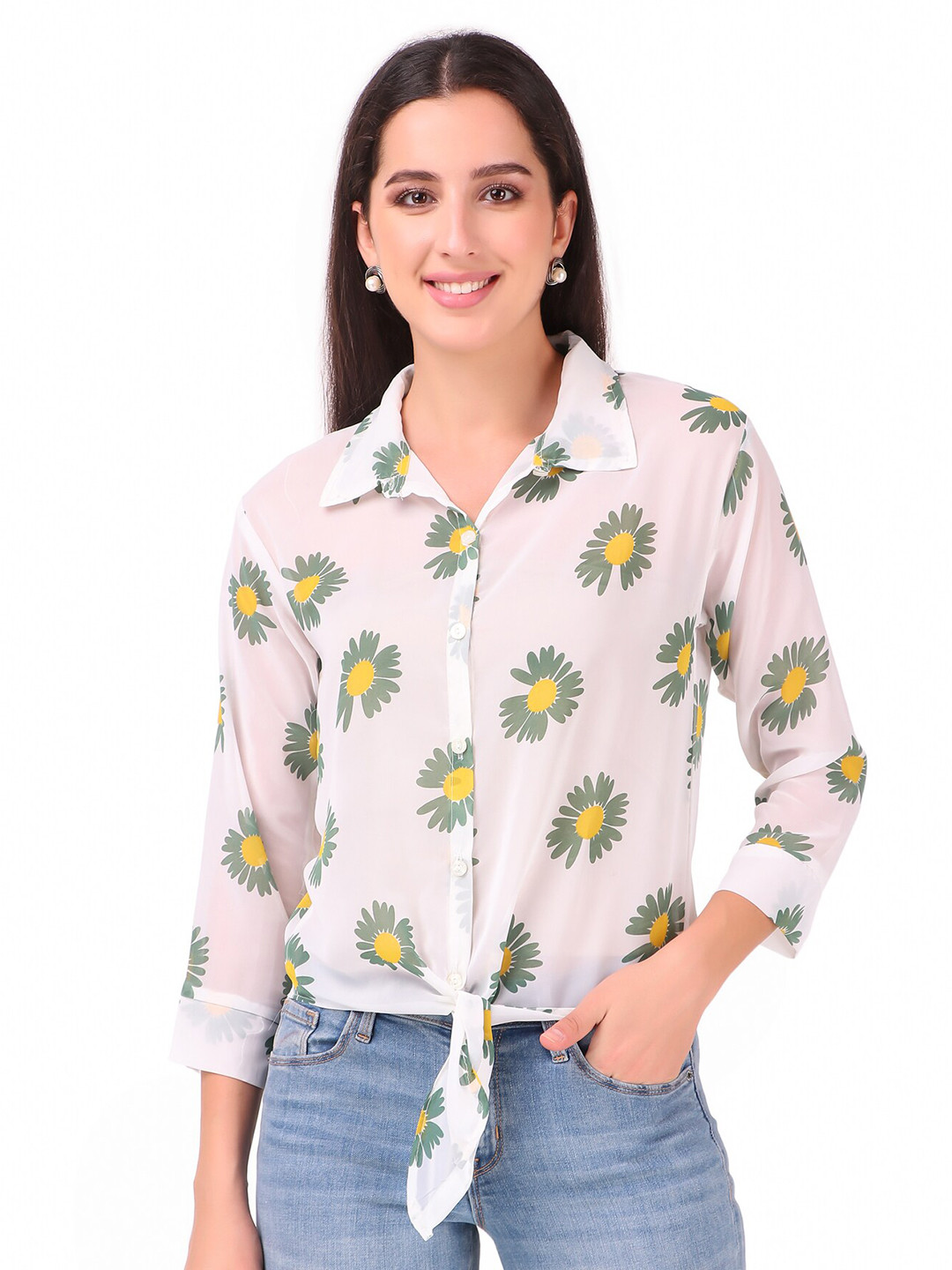KASHIAN Semi Sheer Floral Printed Tie-Up Detail Casual Shirt