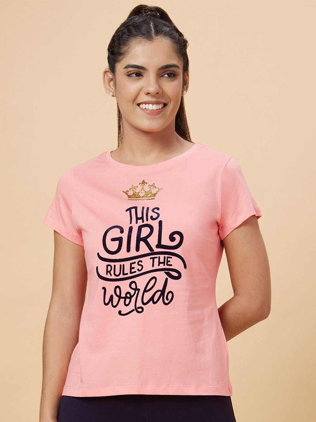 Globus Pink Typography Round Neck Pure Cotton T-shirt