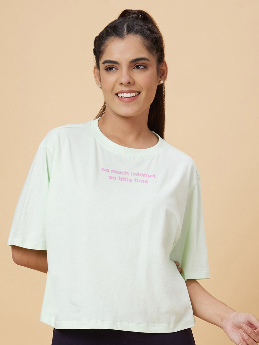 Globus Women Green Casual Typography Printed Pure Cotton Regular Fit T-shirt