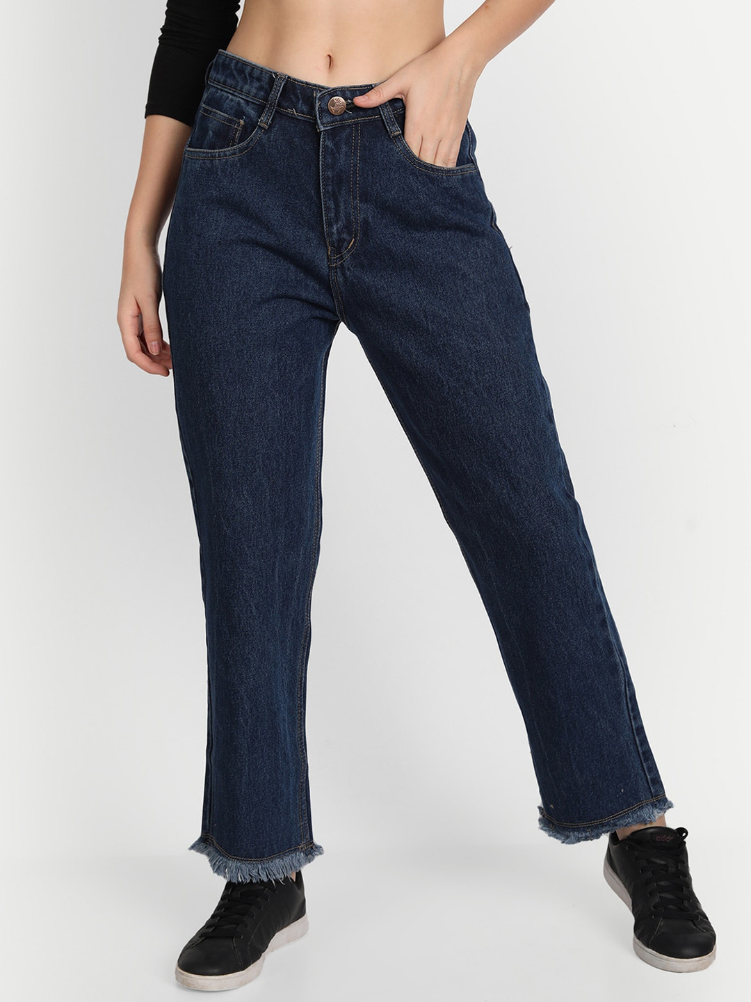 BAESD Women Jean Straight Fit Mid-Rise Frayed Denim Cotton Jeans