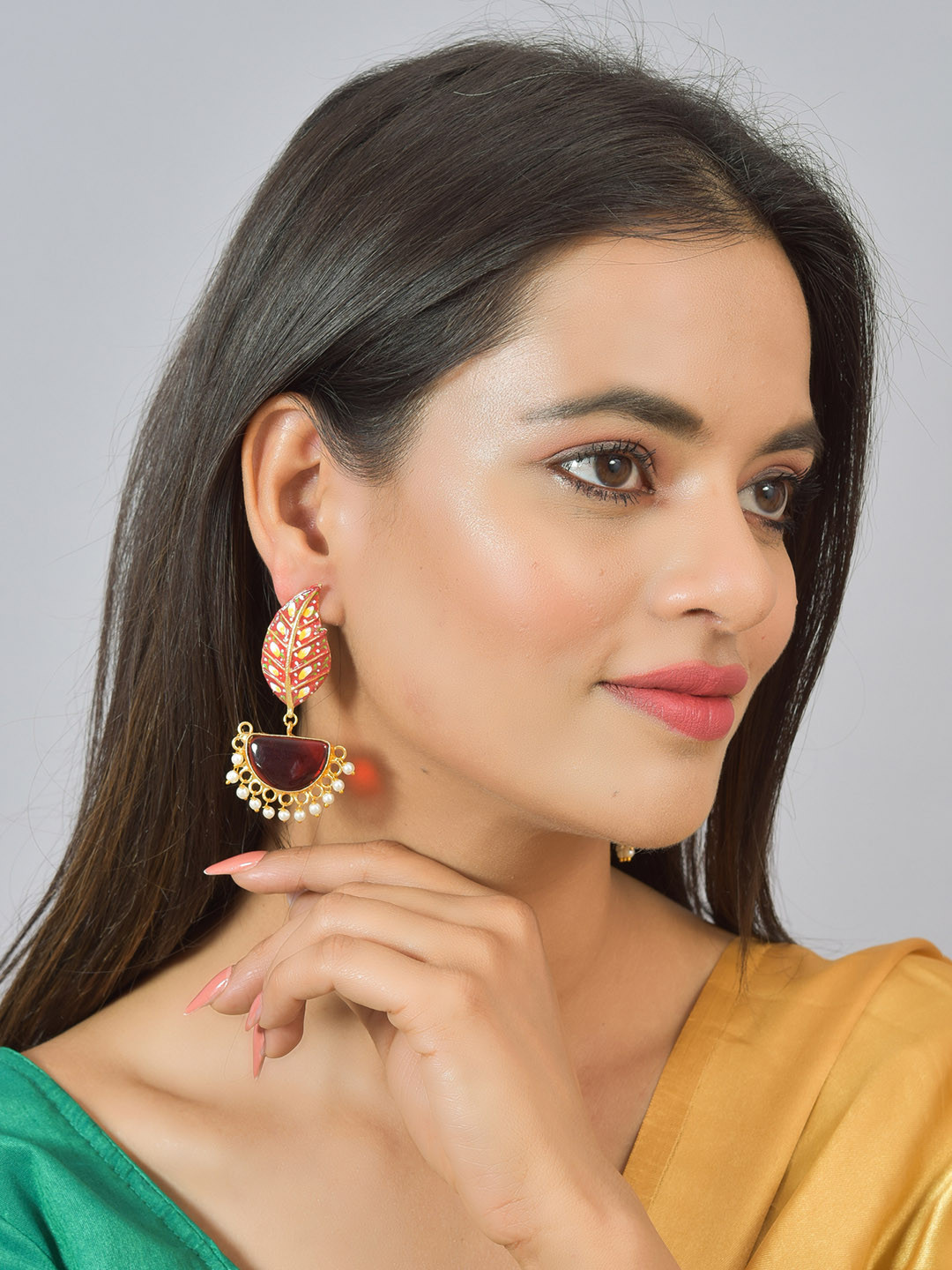 ROHINIKA Gold-Plated Leaf Shaped Crystal Drop Earrings