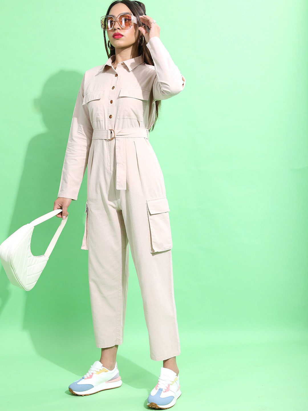 Tokyo Talkies Beige Shirt Collar Pocket Detail Waist Tie-Up Pure Cotton Basic Jumpsuit