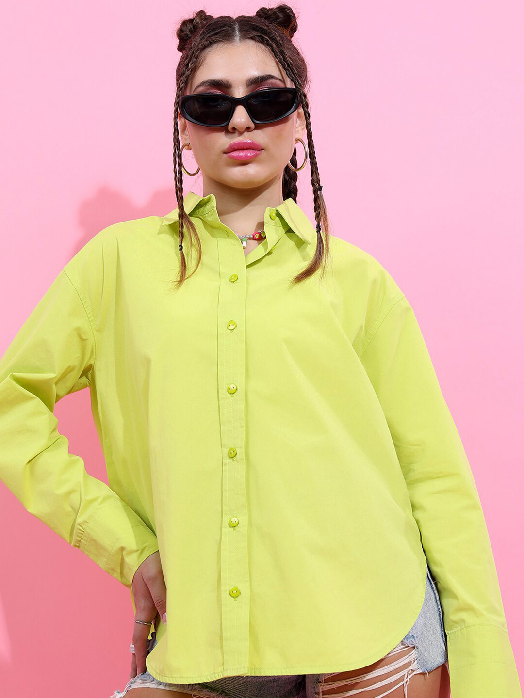 Tokyo Talkies Women Green Drop-shoulder Oversized Cotton Shirt