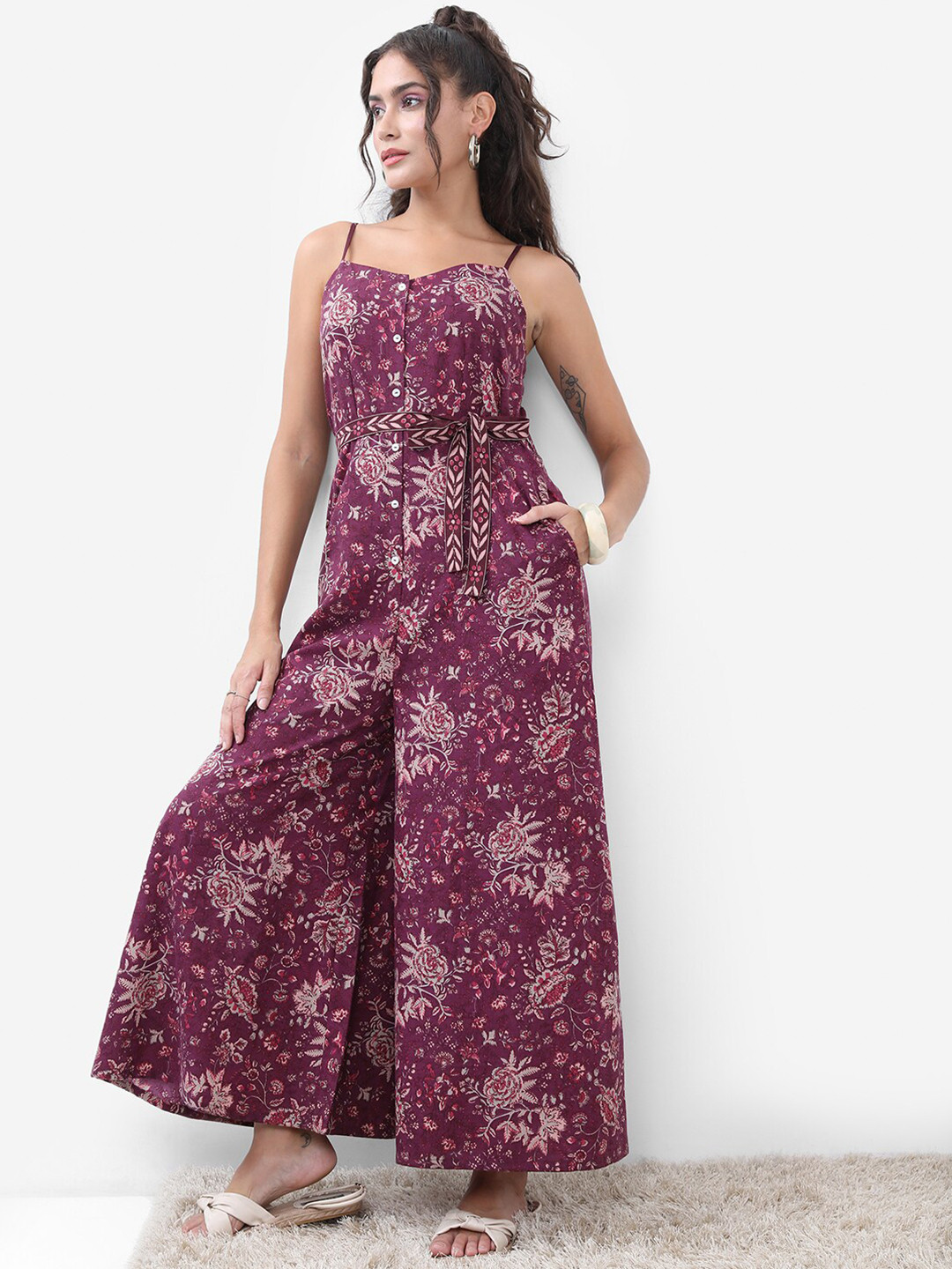 Vishudh Purple Floral Printed Waist Tie-Up Cullote Jumpsuit