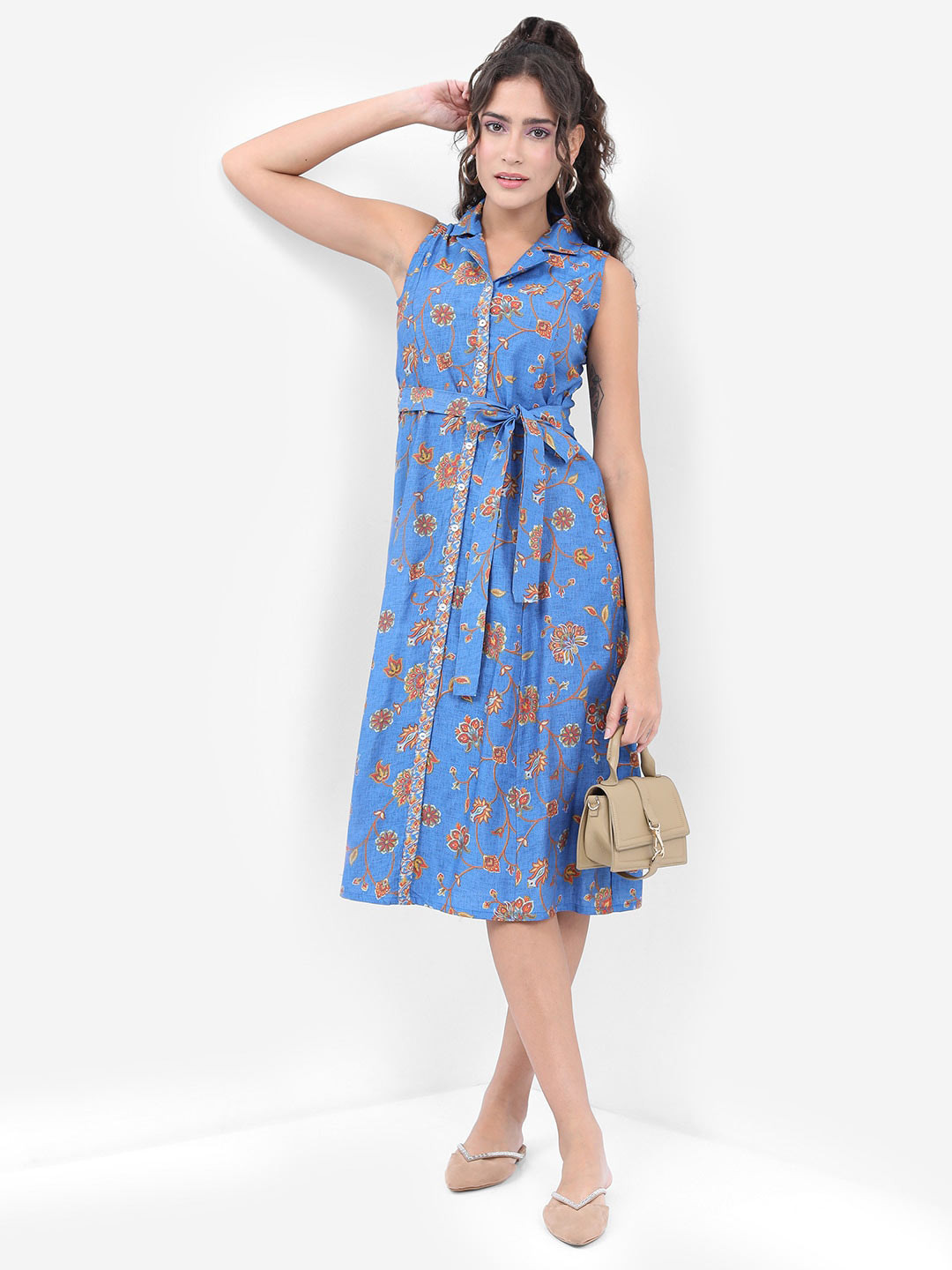 Vishudh Blue & Brown Colour Floral Printed & Belted Detailed Fit & Flare Midi Dress